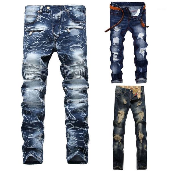 

washed straight slim pleated motorcycle biker jeans pants men casual ripped jeans male denim trousers plus size 421, Blue