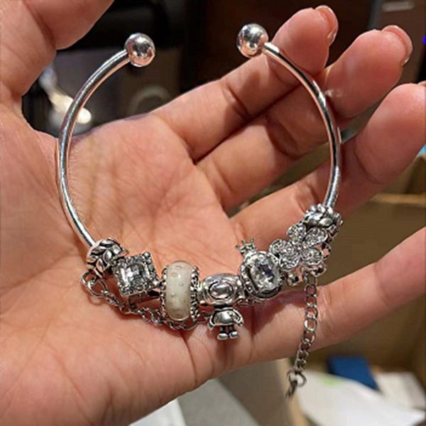 

2022 silver open culf bangle bracelets charms five petals flower bangle chain bracelet fit pandora bracelets wholesale fit for european bead, Golden;silver