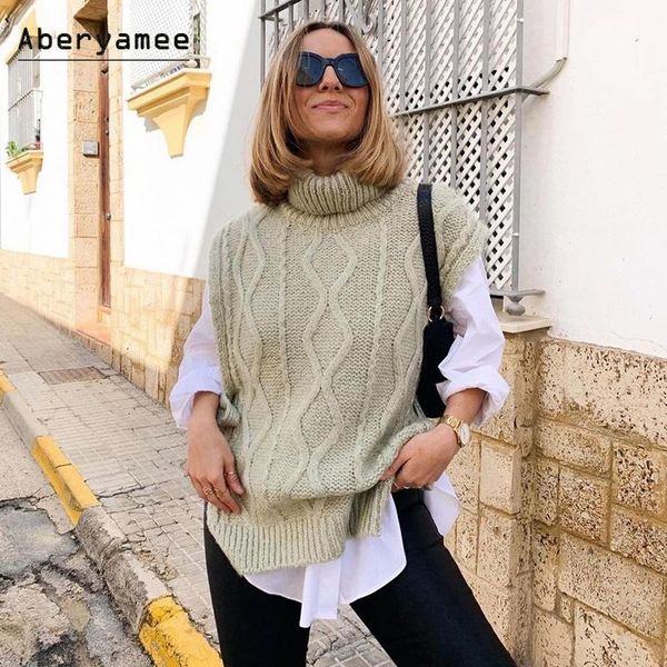 

women's vests aberyamee turtleneck knitted vest women sweater sides lace up sleeveless green lady pullover fashion loose clothes female, Black;white