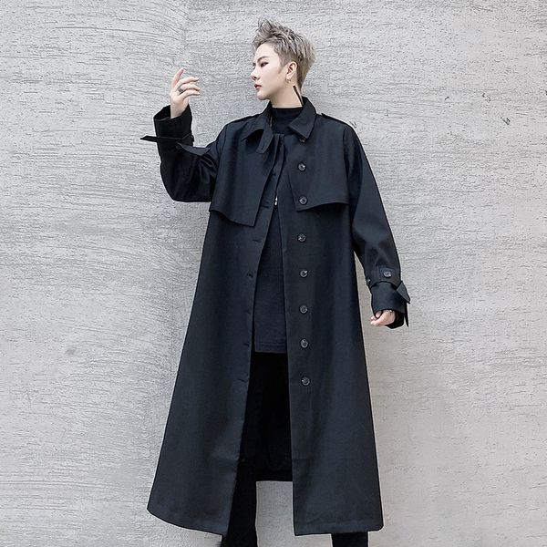 

2020 belt 3/4 male long trench coat japanese streetwear vintage black jacket outerwear afvl, Tan;black