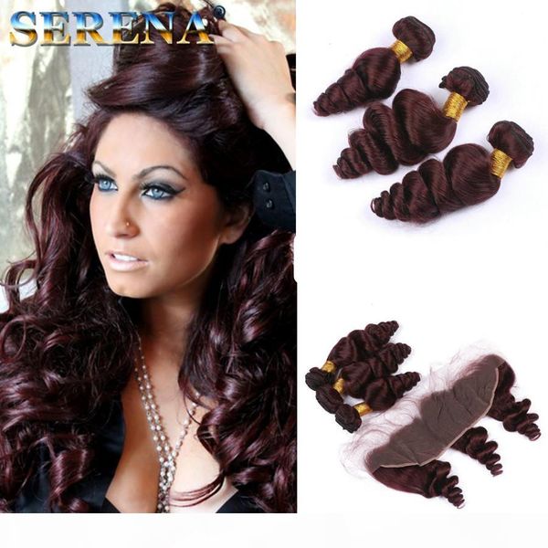 

one tone ombre burgundy ear to ear lace frontal human hair 99j loose wave peruvian virgin hair wine red 130% density 13x4 lace front, Black;brown