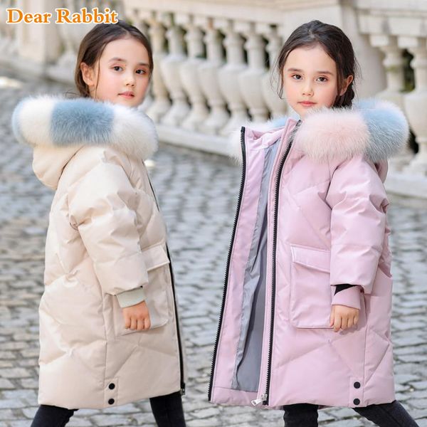 Nova menina roupas inverno para baixo jaqueta de alta qualidade parka colorido pele real quente quente crianças casaco menos 30 graus de roupa snowsuit lj201126