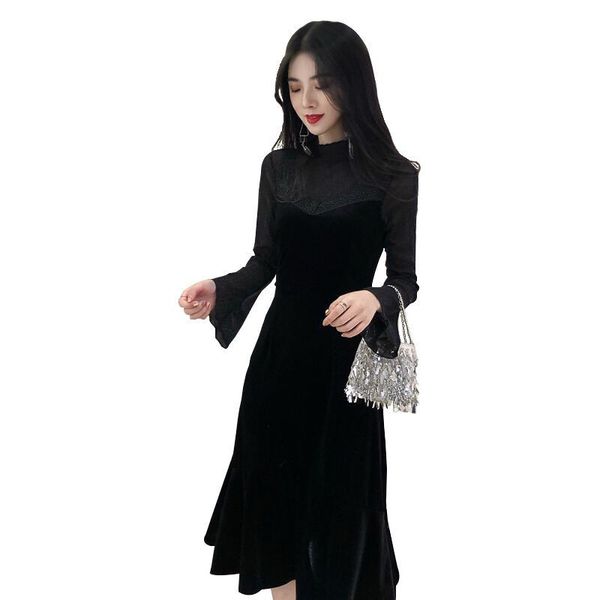 

2021 new elegant female black lace dressed in women's enlargement winter wear thin casual velvet dress wxf720 kx7i, Black;gray