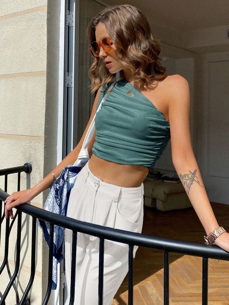 

sollinarry one shoulder ruched crop g4hk#, White