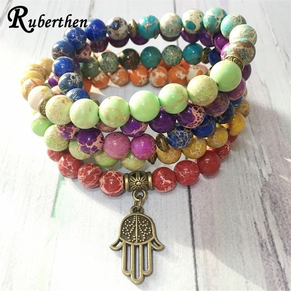 

ruberthen fashion design 7 chakra regalite beads bracelet brass ohm charm yoga bracelet 108 mala energy balance jewelry y200730, Black