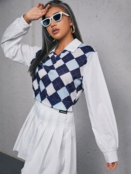 

contrast collar argyle print s3sh#, White