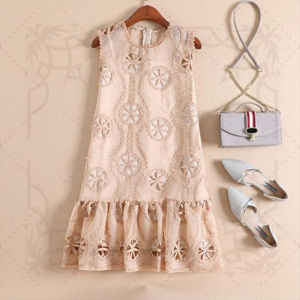 

new arrival runway embroidery hollow out lace crochet ruffles dress women s sleeveless o neck a line mini vest dresses vestidos, Black;gray