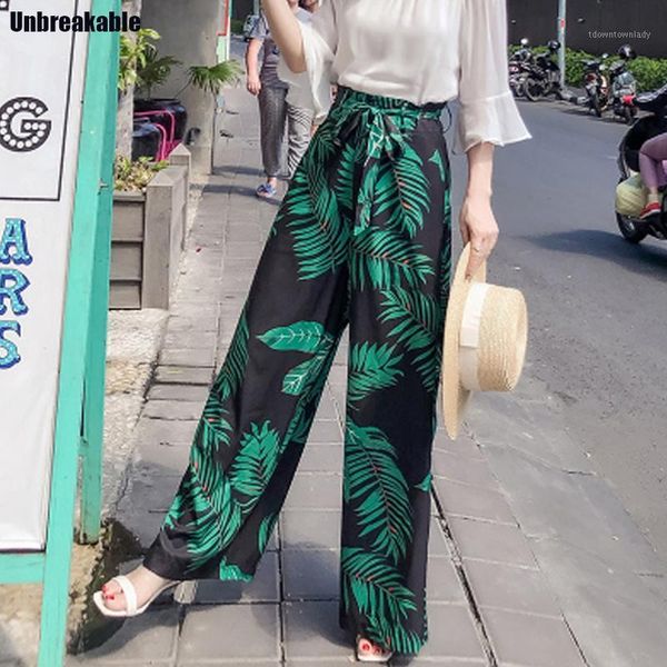 

women's pants & capris women's plus size bohemian wide-leg beach trousers 2021 autumn print lace-up for female1, Black;white