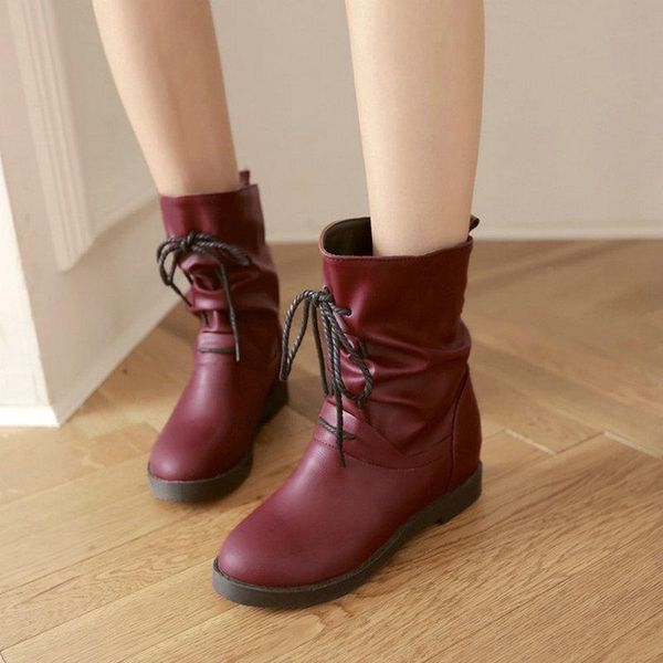 

zawsthia 2020 pu winter womens boots round platform flats booties for woman slip-on casual loose ankle boots cross-tied shoes, Black