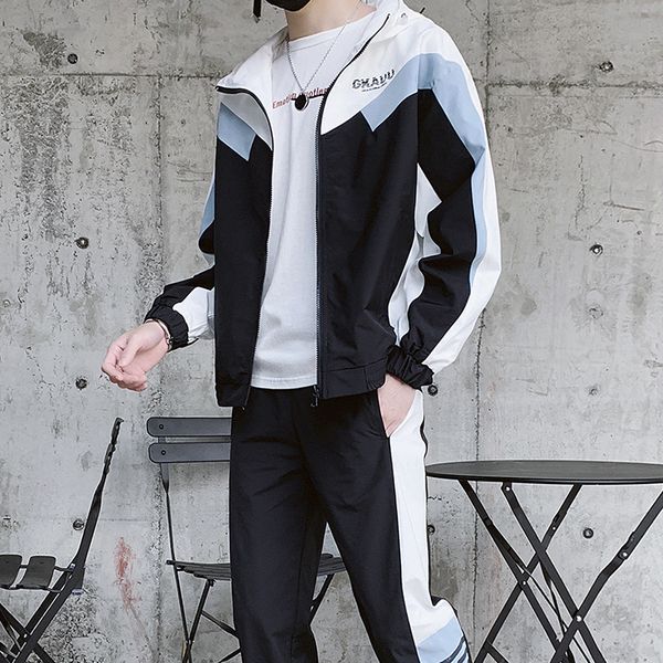 

2021 new hip hop men's sportswear sets ( hooded jacket+joggers ) sports suit set man's zipper tracksuit men patchwork streetwear u, Black