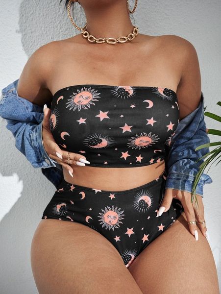 

plus galaxy print bandeau bikini swimsuit h582#, Black
