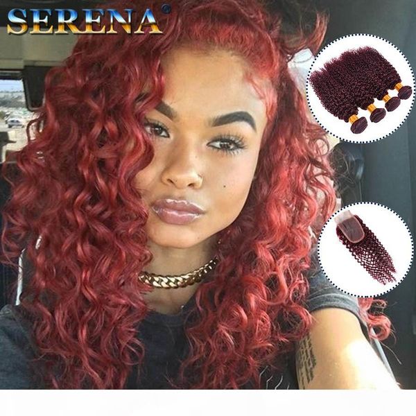 

brazilian 99j human hairs weaves 100% human hair extensions deep curly wine red 4 bundles burgundy hair with closure kinky curly hair bulk, Black;brown