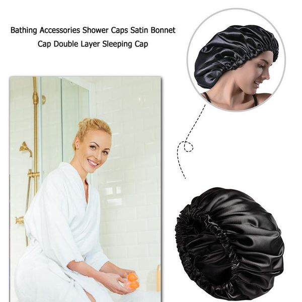 

32cm head wrap shower caps elastic band satin bonnet cap double layer sleeping cap long hair care bathing acc jllffs