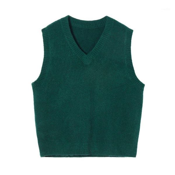 

2021 women's new dark green knitted vest loose sleeveless sweater v-neck versatile outer wear warm vest female streetwear solid1, Black;white