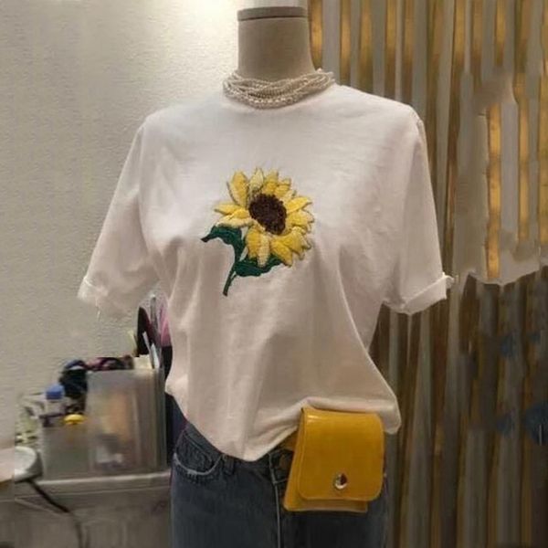 

pbt9s wdvtc summer new korean style sunflower t-shirt sequins embroidered loose flower pattern short-sleeved t-shirt women's sequins ba, White