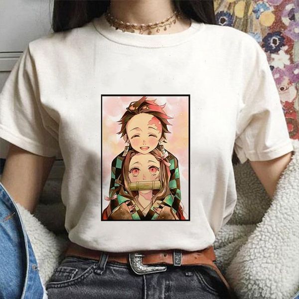 

kimetsu no yaiba aesthetic fashion 2021 summer t shirt women harajuku kawaii slayer funny t shirt blade tshirt, White