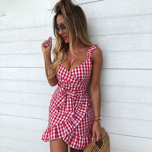 

women casual plaid dress vintage ruffle backless wrap dresses sleeveless v neck tie waist mini summer dress 2020, Black;gray