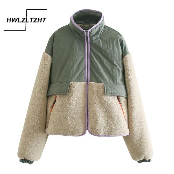

hwlzltzht 2021 autumn winter warm lambswool patchwork jacket coat women chic pockets short overcoats female casual loose outwear, Black;brown