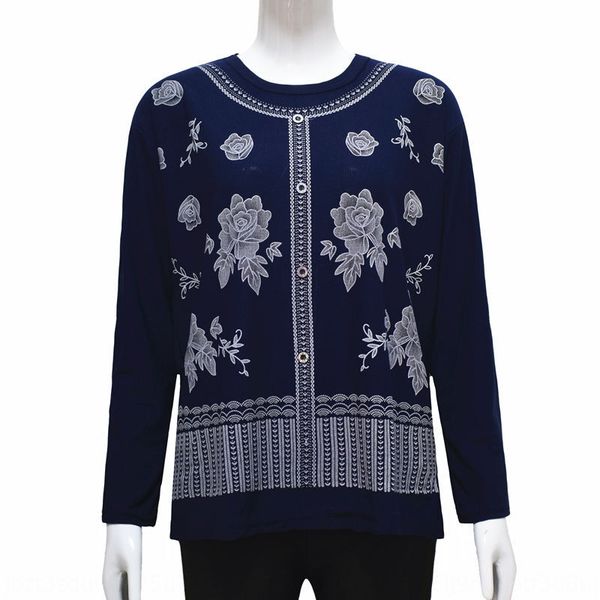 

summer and autumn thin middle-aged and elderly women's t-shirt long sleeve printed mother's bottoming shirt loose round neck t-shi, White