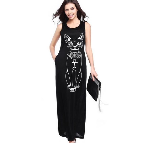 

cat printed loose style maxi dress round neck tank sleeveless female casual dress bodycon retro long dress women, Black;gray