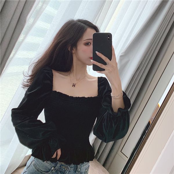 

velvet two wear square one line collar shirt top