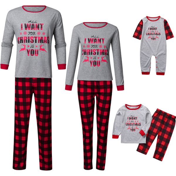 

new christmas parent-child outfits pajama long sleeve letter print pullover plaid trousers baby romper family matching outfits, White