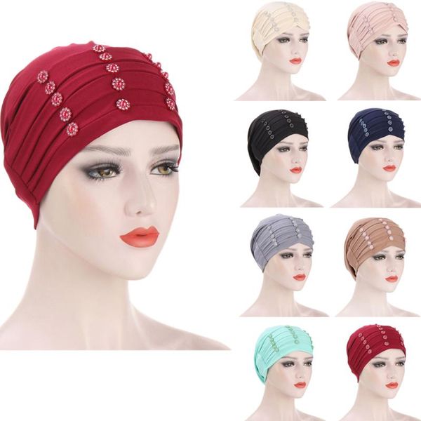 

beanie/skull caps muslim pleated turban hat women stretch hair loss cover chemo cap islamic beanie bonnet headscarf head wrap solid color, Blue;gray