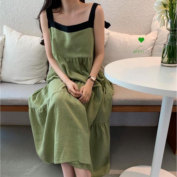 

summer green vintage elgant sleeveless long tank dress women 2021 loose straight cascading pleat casual sundress, Black;gray
