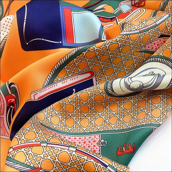 

square silk scarf female silk retro carriage head scarves for ladies hand rolled hem scarf 90 foulard luxe, Blue;gray