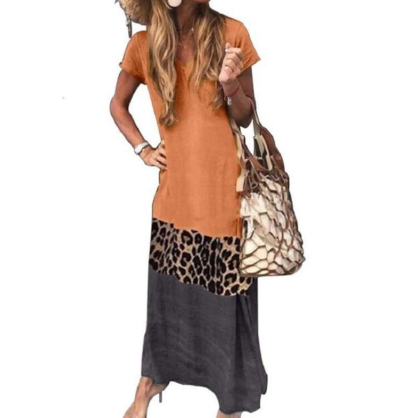 

summer women robe v-neck short sleeve patchwork leopard print maxi dress plus size women clothes summer dress thin vestidos, Black;gray