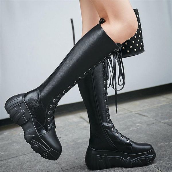 

boots women lace up cow leather wedges knee high riding round toe heel platform oxfords shoes winter long sneakers, Black