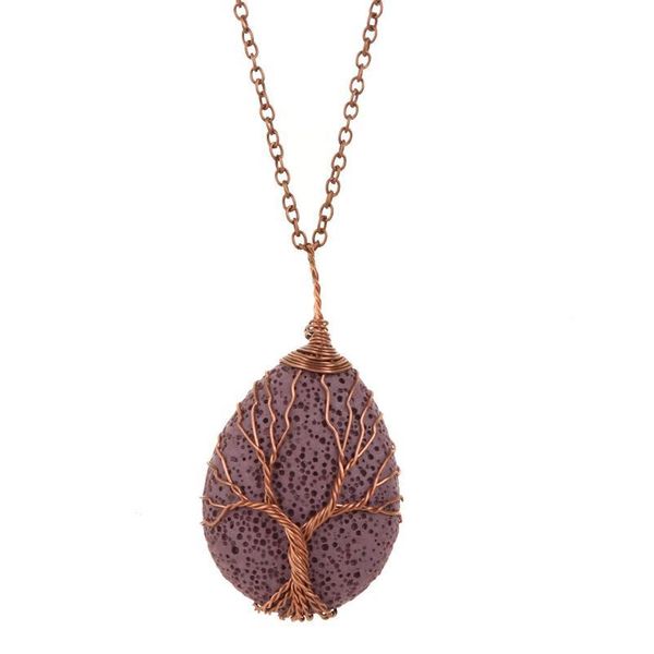 

natural stone tree of life pendant lava stone rose gold color wrapped drop shaped healing stones pendants quartz druzy jllcwb, Black