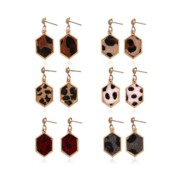 

cheetah leather oval geometric custom design stud earrings women gold plated leopard leather animal print hexagon statement earrings, Silver
