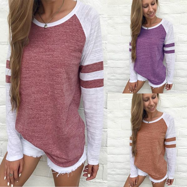 

7-color women's fashion tri-color striped stitching shirt long-sleeved t-shirt round neck color matching shirt s-5xl, White