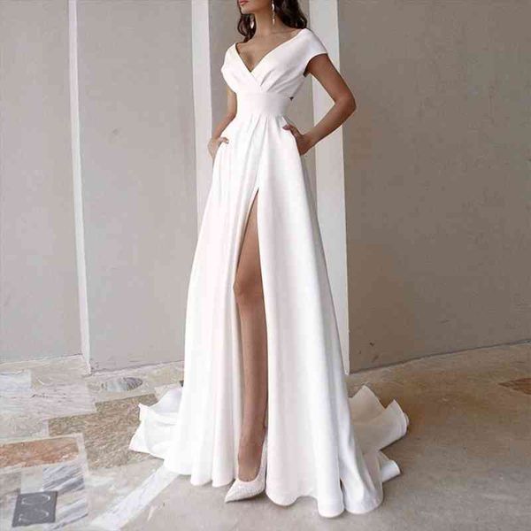 

elegant explosion v-neck party dress white high waist side split floor-length dress with pockets for banquet summernew, Black;gray