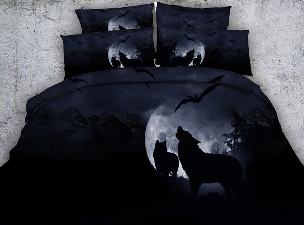 

jf-278 hd digital print howling wolves under moon duvet cover set 4pcs bedding sets  size1