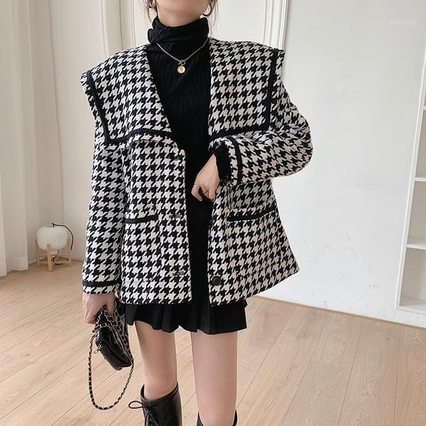 

zcwxm autumn womens jackets and coats 2020 plaid sailor collar loose vintage wide-waisted single breasted office ladies overcoat1, Black;brown
