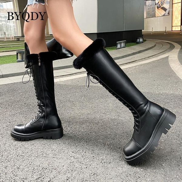 

byqdy round toe thigh high boots for woman platform warm winter shoes knee high boots fur plush wedge heels booties plus 41-431, Black