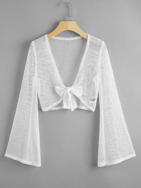 

bell sleeve knot front crochet kimono t4ni#, White;black