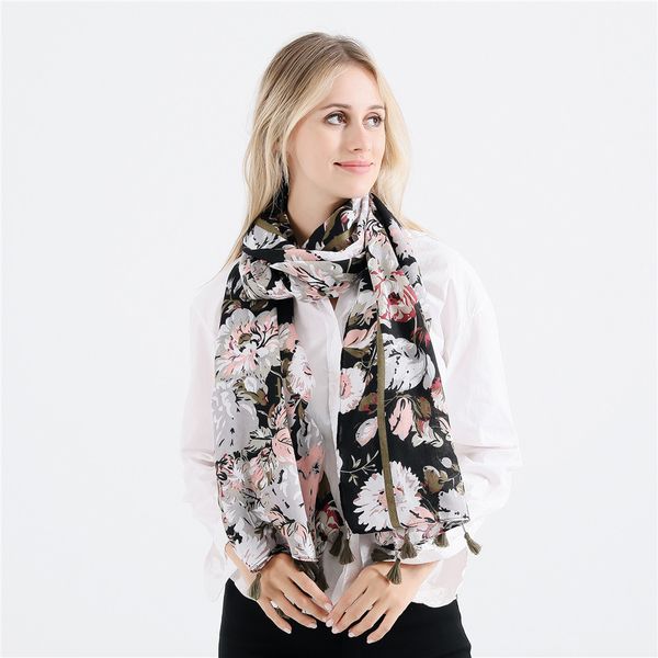 

new fashion dark flower travel scarf long cotton linen shawl, Blue;gray