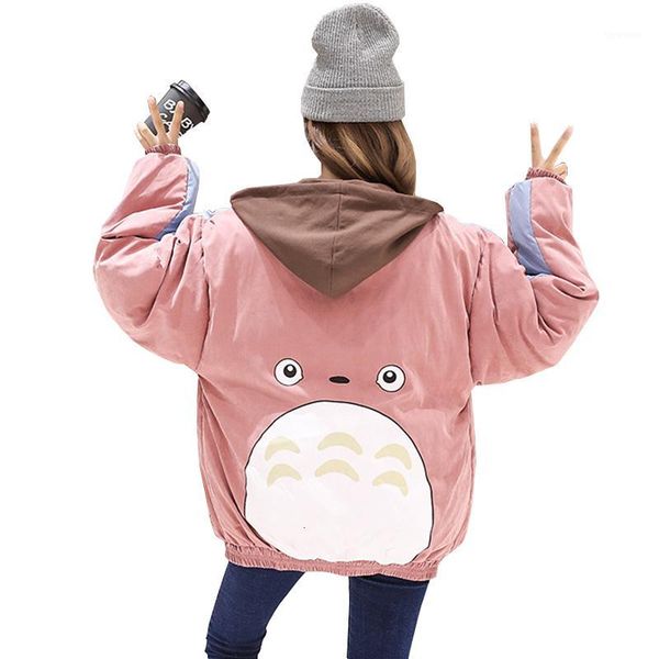 

winter jacket women kawaii totoro hooded warm thick cotton coat girl student new loose harajuku pink blue jacket overcoat female1, Black