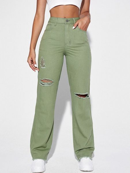 

ripped raw hem wide leg jeans without belt t8cd#, Blue