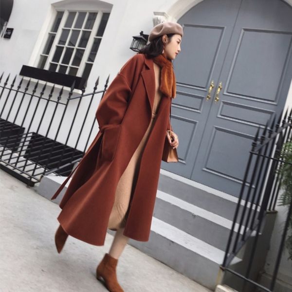 

korean version of double-sided cashmere woolen coat women's 2020 autumn and winter wear over-the-knee long lace-up windbreakerx1020, Black