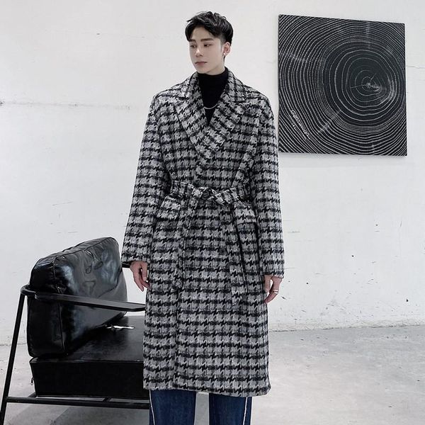 

men's wool & blends male streetwear woolen windbreaker jacket overcoat men vintage double breasted belt plaid long trench coat outerwea, Black