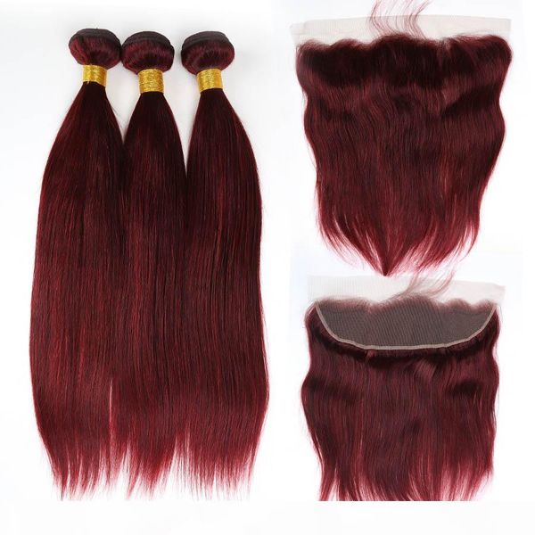 

brazilian burgundy hair silk straight #99j wine red human hair bundles with baby hair pre plucked natural hairline, Black;brown