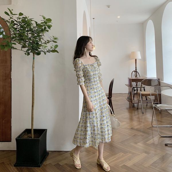 

2020 new summer dress gentle wind platycodon long skirt grandiflorum french square neck show thin rouje chiffon floral dress women's lo, Black;gray