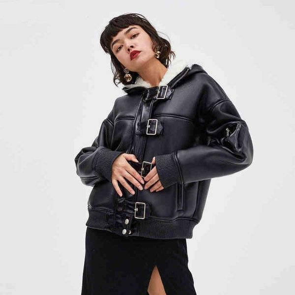 

women's leather & faux fashion warm velvet stitching lining pu jackets female locomotive style oversized hooded windproof f537, Black