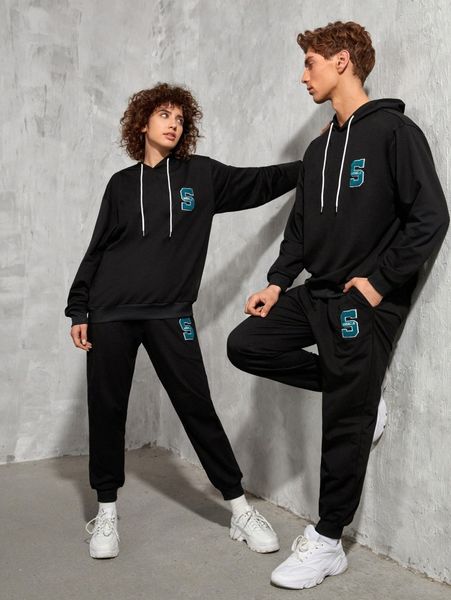 

1pc letter embroidery drawstring hoodie & 1pc sweatpants s9gh#, Gray