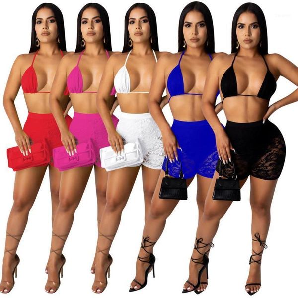 

women halter bra crop lace splicing shorts leggings jogger sweatpants suit two piece set sport matching set outfit1, White;black
