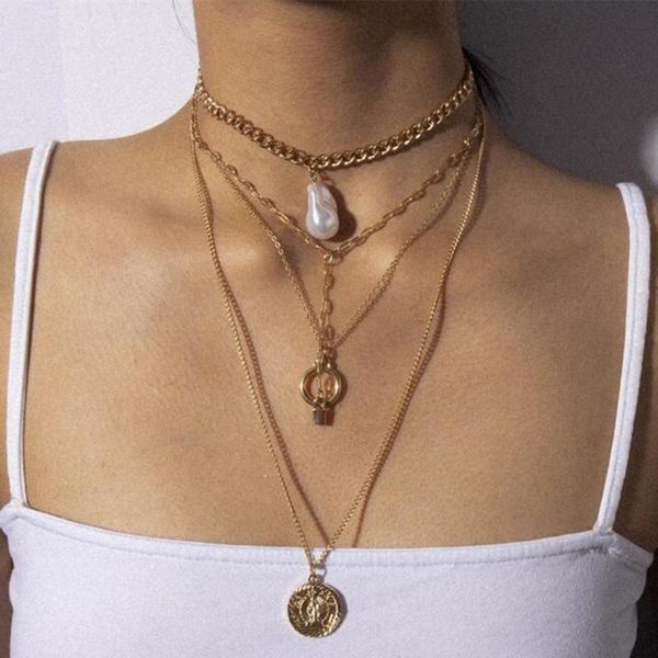 

diezi elegant multilayer baroque imitation pearls lock circle pendant necklace for women link chain choker necklace jewelry, Golden;silver
